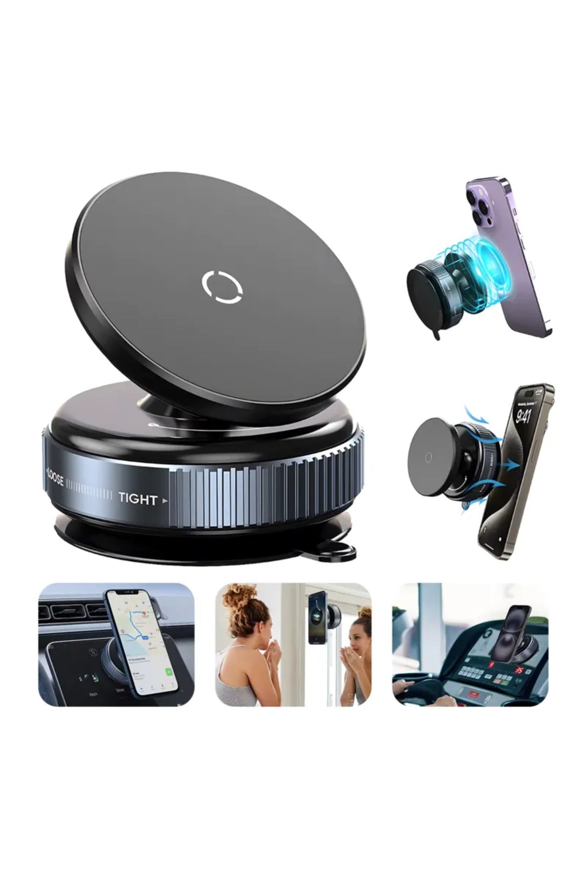 360 Grad drehbarer Vakuum-Magnet-Telefonhalter, Spiegel, Glas, Auto, Schwarz